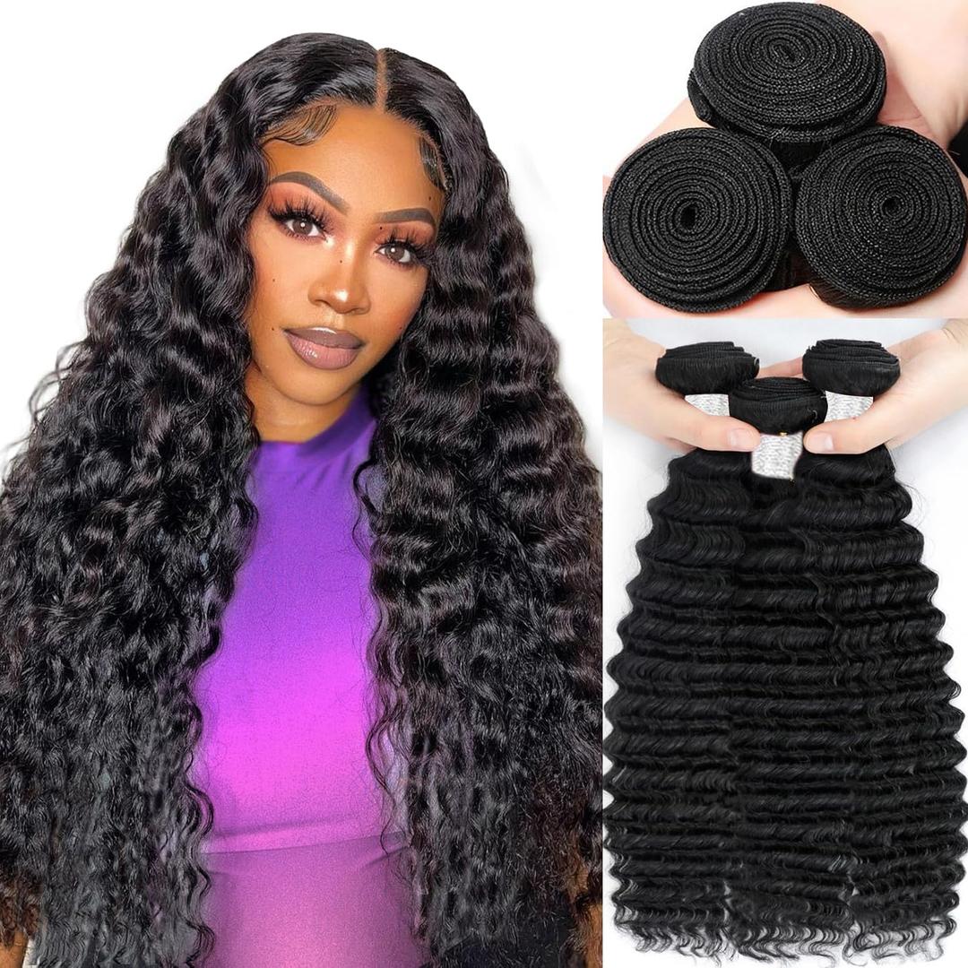VIOLET 12A Human Hair Bundles 18 20 22 Inch Deep Wave Bundles Human Hair 100% Unprocessed Brazilian Virgin Deep Curly Weave 3 Bundles Hair Extensions for Women Natural Color