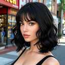 Short Black Bob Wig with Bangs for Women Natural Looking Loose Wavy Curly Wigs Heat Resistant Synthetic Fiber Wigs for Daily Party Cosplay Use 14 Inch