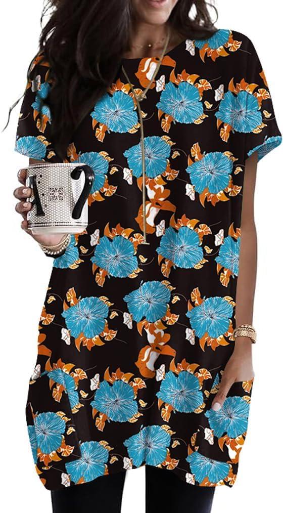 Poetsky Summer Womens Tunic Tops for Leggings with Pockets Short Sleeve Casual Long T Shirts, (Z Black Floral), Size M