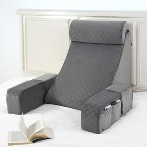 Vekkia 21" Reading Pillow with Arms and Headrest  Tall Back Support Cushion for Adults, Multi-Density Foam, Removable Cover & XL Side Pockets  for Reading, TV & Gaming in Bed & Floor 21"(Grey) (21 in( 5'10"-- 6'5"))