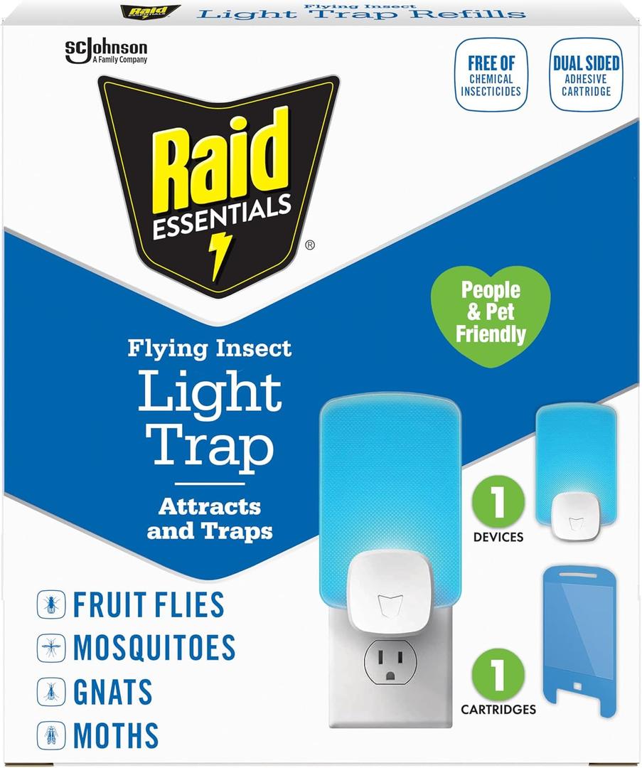 Raid Essentials Flying Insect Light Trap Starter Kit, 1 Plug-In Device + 1 Cartridge, Featuring Light Powered Attraction