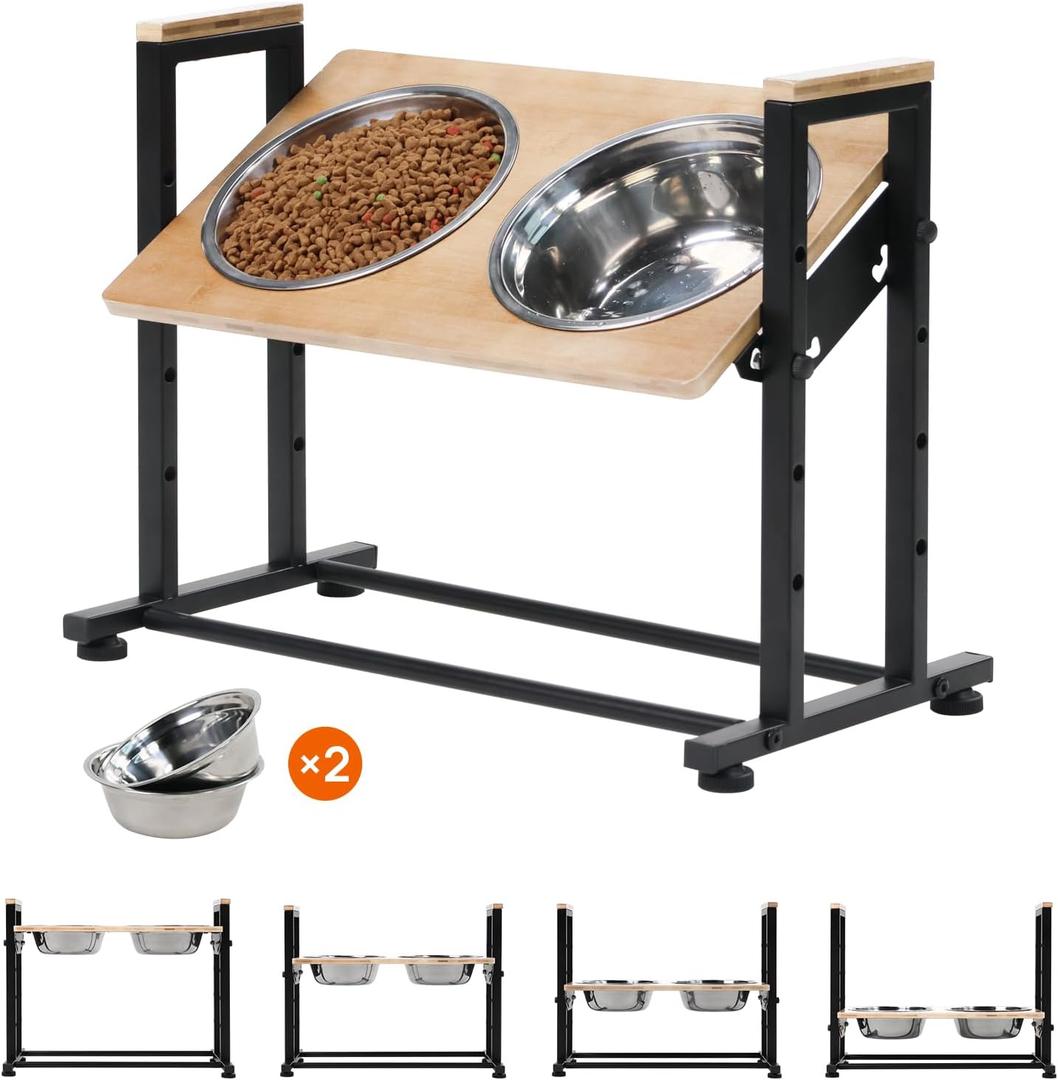 Adjustable Height Pet Feeder Stand with 2 Dishwasher-Safe Stainless Steel Bowls  Brown Wood Top & Black Metal Frame Elevated Food/Water Station for Dogs/Cats Under 100LBS (Large)