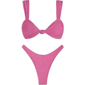ZAFUL 2025 Cheeky Bikini Sets for Women High Cut Swimsuit Textured Ribbed Bikini Thong Bathing Suit (Pink, S)