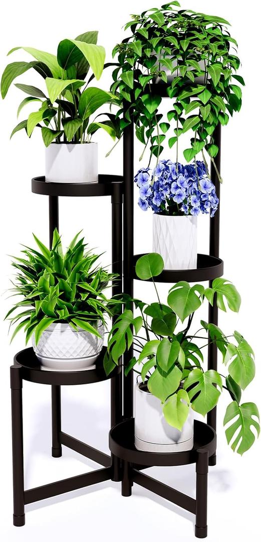 5-Tier Metal Plant Stand Indoor Outdoor - Corner Tall Plant Shelf for Multiple Plants, Foldable Heavy Duty Plant Holder - Decoration flower Stand for House Living Room Balcony Garden Patio - Black