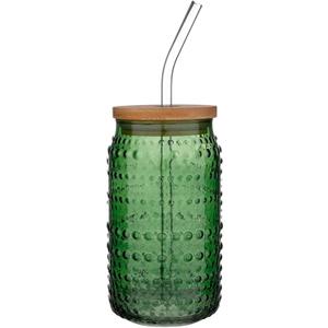 Santa Barbara Design Studio Hobnail Glass Tumbler Cup with Lid and Straw, Holds 16 Fluid Ounces, Pine Green