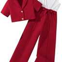 Hilinker Girl's 2 Piece Outfits Short Sleeve Blazer and Belted Sleeveless Jumpsuit Sets, Size 13-14Y, Red/White 