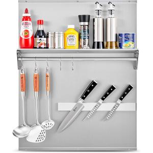 Wilprep Range Backsplash, 24"x30" Stainless Steel Backsplash with Storage Shelf & Magnetic Knife Rack, Range Hood Stainless Steel Backsplash for Stove, Range Hood Wall Shield with Pre-Drilled Holes