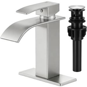 Bathroom Faucets Brushed Nickel Waterfall Bathroom Sink Faucet Modern Single Handle Bathroom Faucet for 1 or 3 Hole Mixer Tap Washbasin Faucet with Deck, Pop-up Drain and Supply Hoses