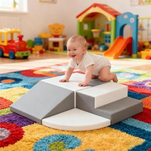 FVBADE Indoor Crawl and Climb Foam Play Set, 4-Piece Colourful Foam Climbing Blocks for Toddlers 1-3, Climb and Crawl Activity Playset, Soft Play Equipment Crawling and Sliding (Grey), Small