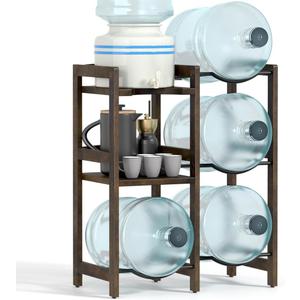 5 Gallon Water Jug Holder (Natural Solid Wood) 4 Water Bottle Holder Slots with 2-Layer Storage Shelves, 5 Gal Water Bottle Holder Storage Rack, Water Dispenser Stand for Home/Office/Garage Organizer (4Holder-2Shelf-Walnut Color)