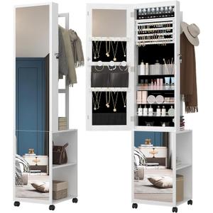 Hzuaneri 8 LEDs Jewelry Cabinet Armoire, 66.9-inch Jewelry Organizer with Garment Rack, Lockable Full-length Mirror with 4 Wheels, Storage Shelves with Hooks, 5-in-1, White and Beige JC17003B