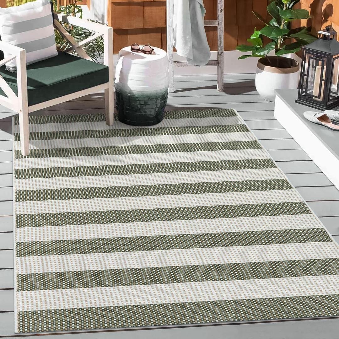 Striped Outdoor Rug 3x5, Boho Washable Front Porch Rug Cotton Hand Woven Outside Door Mats,Foldable Layered Doormat for Farmhouse/Entryway/Home Entrance(Green and White)