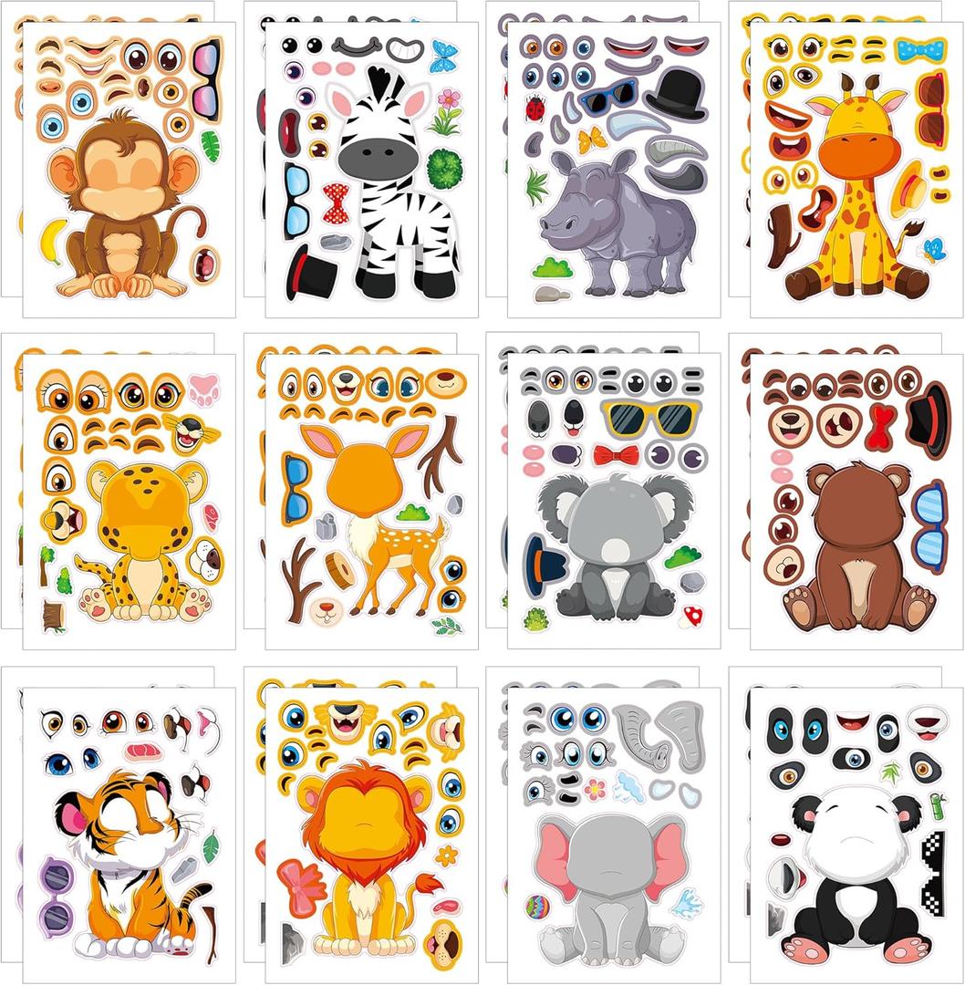 24PCS Make Your Own Animal Stickers, Tiger Monkey Giraffe Mix and Match Sticker Party Games, Wild Animal Make a Face Stickers DIY Crafts for Birthday Party Supplies School Activity Reward