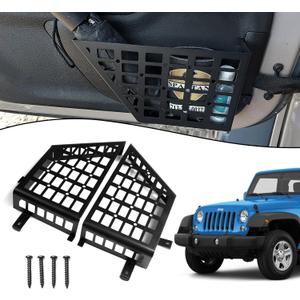 Pair of 1 Aluminum Front Door Storage Pockets for 2007-2018 Jeep Wrangler JK JKU - Black Organizer with Tool-Free Install, Anti-Rust Coating & Accessory Mount (Grid)