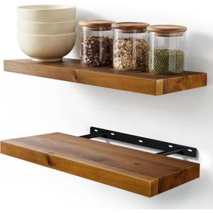 Set of 2 17" Acacia Wood Floating Shelves Wall Mounted – Rustic Farmhouse Wooden Wall Storage Shelf for Bedroom, Kitchen, Home Décor - Brackets and Shelving Mounting Hardware Included