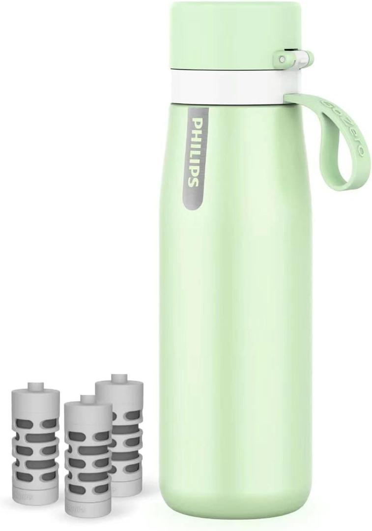 PHILIPS Water Bottle with Filter, Filter Water Bottle Stainless Steel with GoZero Everyday BPA-Free Tap Water Filter, Water Filter Bottle Keep Drink Cold 24 Hours, 3 Filters for 120 Gal / 6 Months