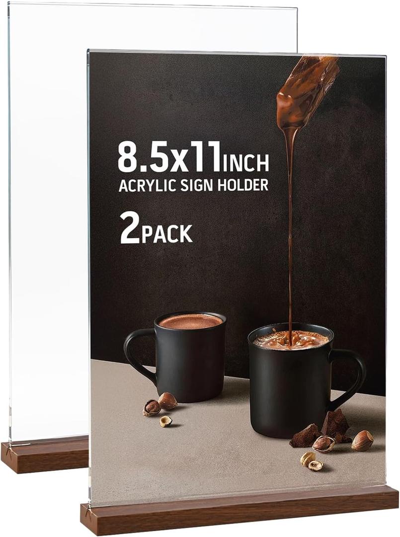Acrylic Sign Holder 8.5 x 11 Inches  Clear Tabletop Sign Stand for Signs, Table Numbers, Place Cards, and Display Stands  Durable Acrylic Frame for Restaurants, Events, and Retail 2pack