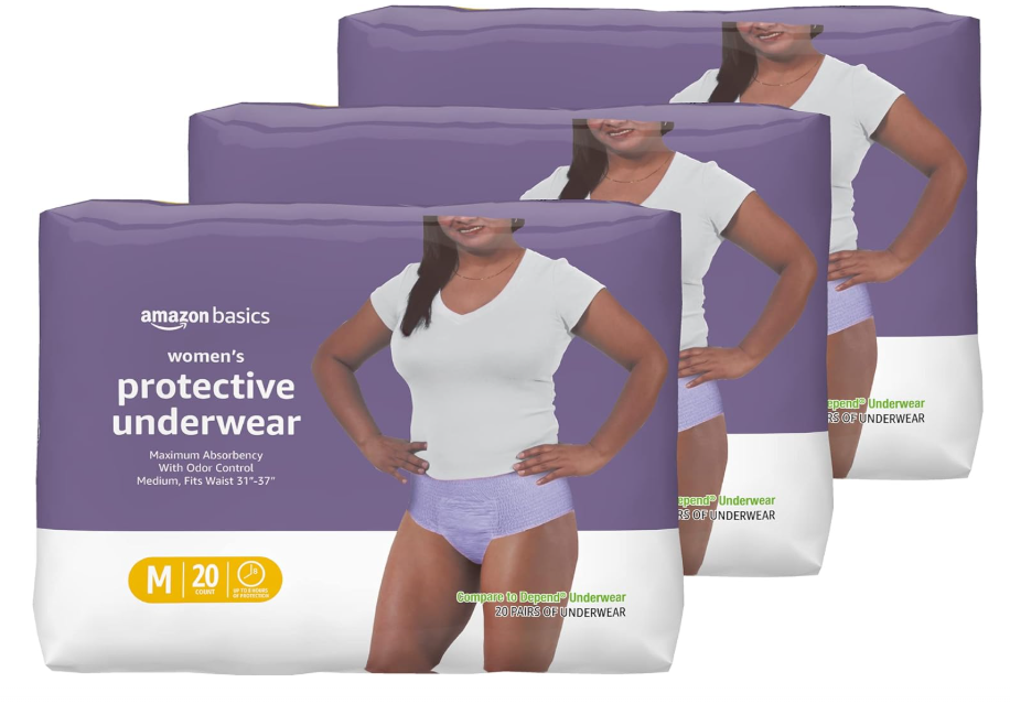 Amazon Basics Incontinence Underwear for Women, Protective, Disposable, Postpartum, Maximum Absorbency, Medium, Lavender, 60 Count (3 Packs of 20)