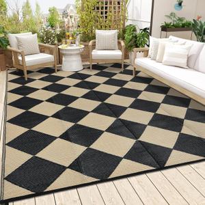 8x10 Outdoor Rug for Patio Reversible, Plastic Straw Rug Waterproof Camping Rug Portable, Foldable Lightweight Mat for RV, Patio, Backyard, Deck, Picnic, Beach (Black/Offee)