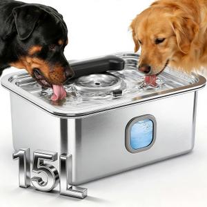 15L Water Fountain for Large Dogs, Stainless Steel Pet Drinking Dispenser Automatic Fresh Flow Bowl Inside with Filter, 4Gal Extra Huge Refillable Water Dispenser Indoor (Silver-Black)