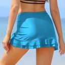 SHEKINI Women's High Waisted Swim Skirt Drawstring Ruched Bathing Suit Bottoms with Built-in Brief (Blue, XL)