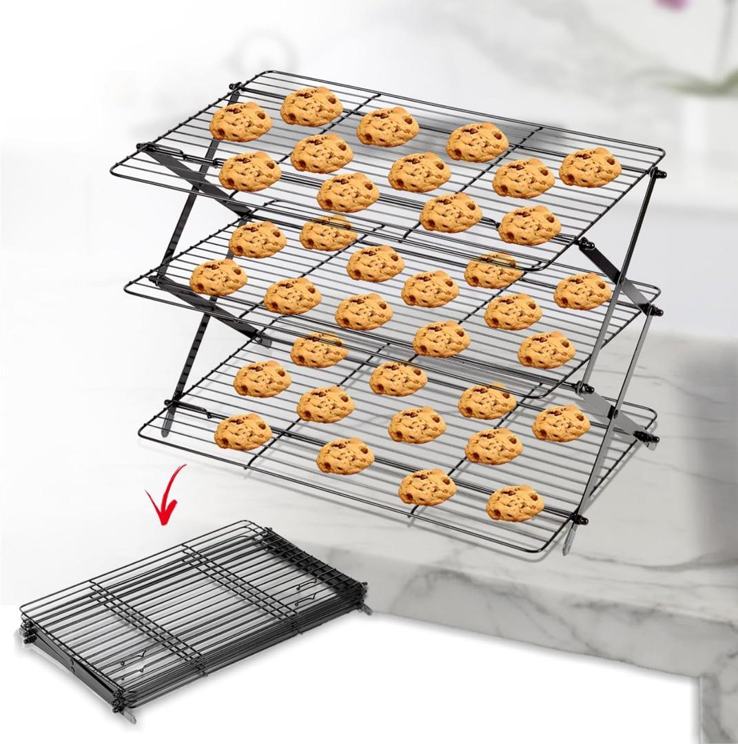 3-Tier Collapsible Cooling Rack Expandable & Collapsible Cookie Wire Baking Foldable Cooling Racks Premium Quality And Sturdy Legs Ideal For Baking Supplies, 10''x16''x12'', Black