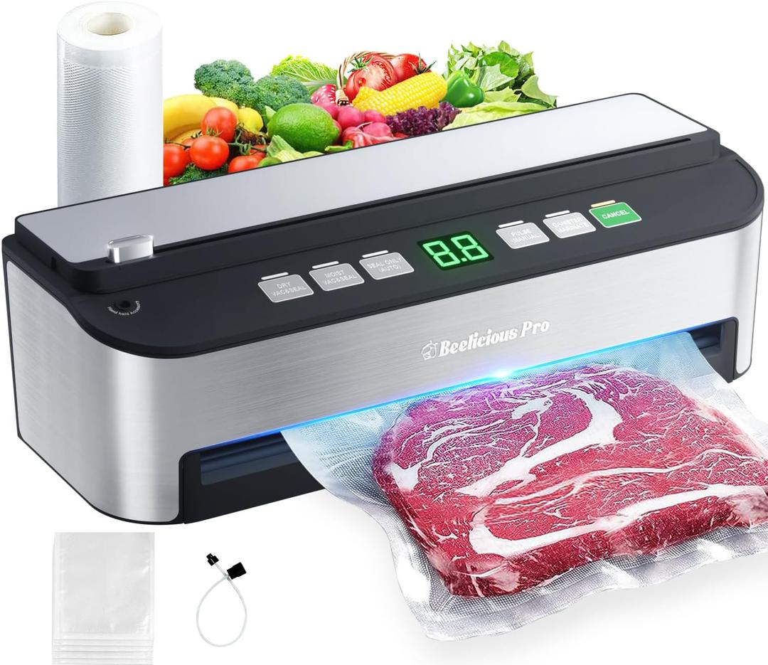 Vacuum Sealer Machine, Beelicious 85KPA Fully Automatic 8-IN-1 Food Sealer with Bags Storage, Moist Mode and Air Suction Hose | Digital Countdown | Sous VideBuild-in Cutter (A-stainless Steel + Green)
