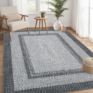 RUGSREAL Large Bedroom Rug 6x9 Machine Washable Rug Braided Print Boho Accent Throw Floor Cover Farmhouse Rustic Carpet Geometric Bordered Braided Carpet for Living Room Home Office, Grey