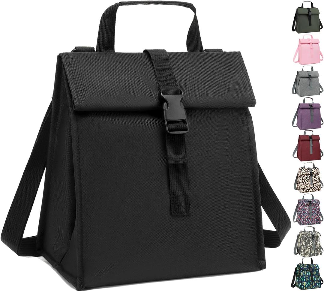 GYEUKHAM Insulated Lunch Bag for Men/Women/Kids, Roll top Reusable Lunch Box with Adjustable Shoulder Strap, Thermal Lunch Cooler Tote Container for Adults/Teens School Work Office Picnic,Black