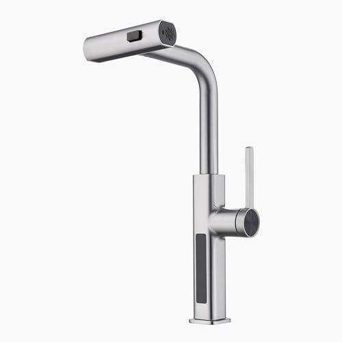 Lefton Pull-Out Waterfall Kitchen Faucet with Temperature Display in Fahrenheit, Three Water Outlet Modes, Single Hole, Brushed Nickel, KF2209-0