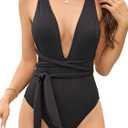Lilosy Sexy Tie Criss Cross Plunge One Piece Thong Swimsuit High Cut Brazilian Bathing Suit (Black, L)