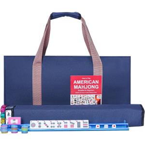 American Mahjong Game Set, 166 Premium White Tiles, 4 All-in-One Color Rack/Pushers, Complete Mahjong Set Blue Carrying Bag
