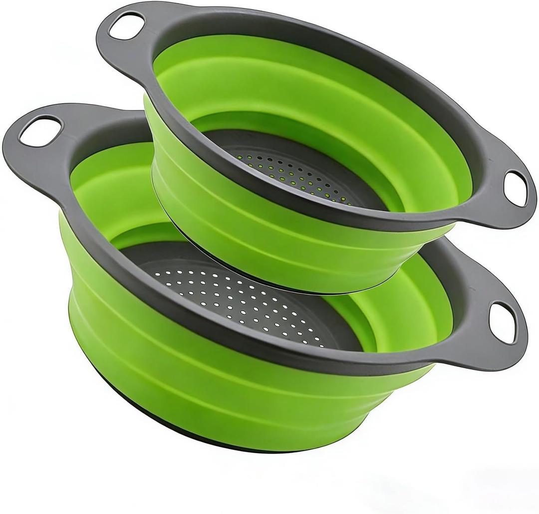 Collapsible Colander Set of 2, Folding Kitchen Strainers with Handles, Space-Saving Over-the-Sink Drainers for Pasta, Veggies & Fruit, BPA-Free, Dishwasher Safe, RV & Camping (Green)