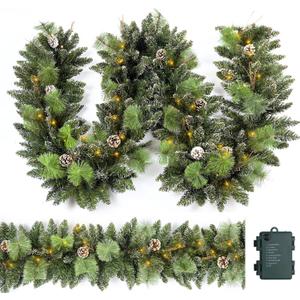 Christmas Garland Prelit 9 Ft with 50 Led Lights, Pine Cone and Snow Style Xmas Garland, Battery Operated Christmas Decor for Mantle Stair Indoor Outdoor