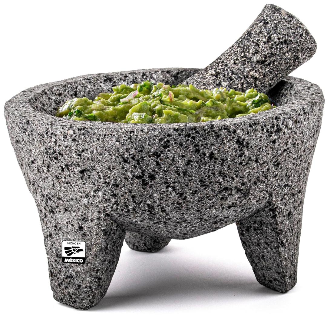 Genuine Handmade Mexican Mortar and Pestle Set- 8 Inches, Molcajete Mexicano  Mexican Cookware Perfect as Salsa Bowls, Guacamole Bowl and Masher, Mortero Para Cocina made from Volcanic Rock in Mexico