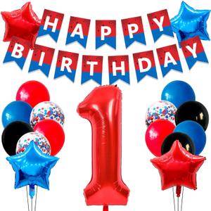 Cartoon Spider Birthday Decorations, 40-Inch Number 1 Balloon, Red Blue Black Confetti Balloons for Birthday Party (Red 1)
