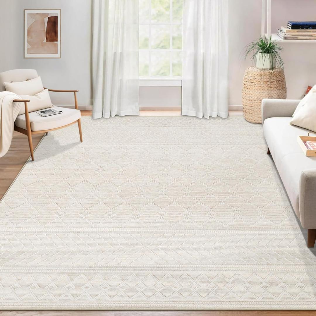 Area Rug Living Room Rugs 5x7 - Large Soft Boho Geometric Rugs, Non-Slip Foldable Washable Area Rug Non Shedding Morden Indoor Floor Carpet for Living Bedroom Office Dining Room(Modern Beige,5'x7')