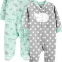 Simple Joys by Carter's unisex-baby 2-pack Neutral Fleece Footed Sleep and Play (3-6 Months, Grey Stars/Mint Green Elephant)