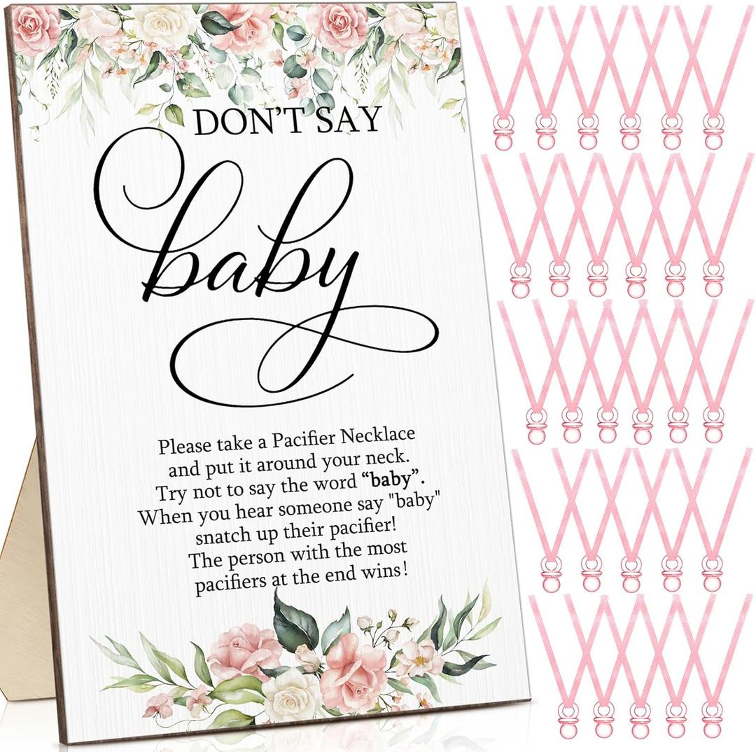 Geetery 51 Pcs Don't Say Baby Game Sign Cool Baby Shower Game 50 Pacifier Necklace Wooden Don't Say Sign Plastic Pacifier Party Favor for Gender Reveal(Floral, Pink)