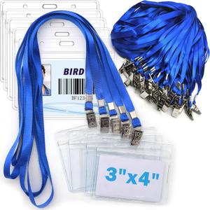 4x3 Name Tags Badge Holder with Lanyard 50 Pack Waterproof Horizontal ID Badge Holder and 50 Pcs Lanyards Nametag for Conferences, Events, and Meetings (Blue, 4 x 3 inches)