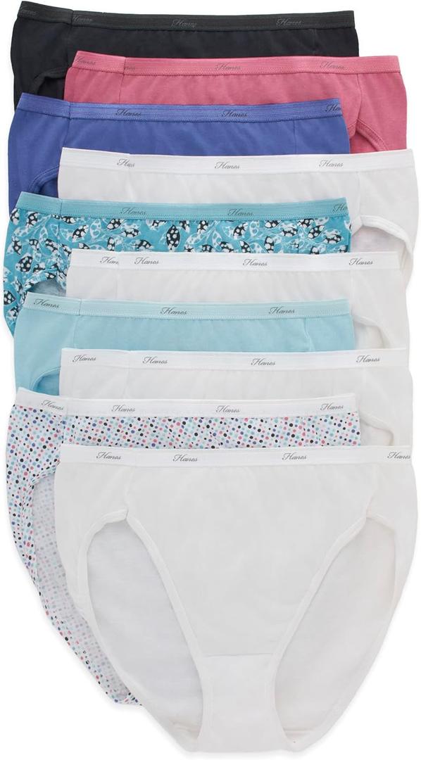 Hanes womens High-cut Panties Pack, High-waisted Briefs, Moisture-wicking Cotton Underwear, 10-pack (Colors May Vary) (7, Solid/Print Mix)
