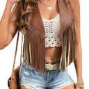 WDIRARA Women's PU Fringe Sleeveless Vest Tassel Faux Leather Open Front 70S Hippie Jacket Cardigan (Brown, L)