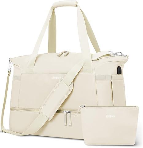 ETRONIK Gym Bag for Women, Personal Item Travel Bag with Shoes Compartment, Weekender Overnight Duffel Bag with Wet Pocket & USB Charging Port, Carry On Bag for Women, Travel, Gym, Weekend (Beige) M