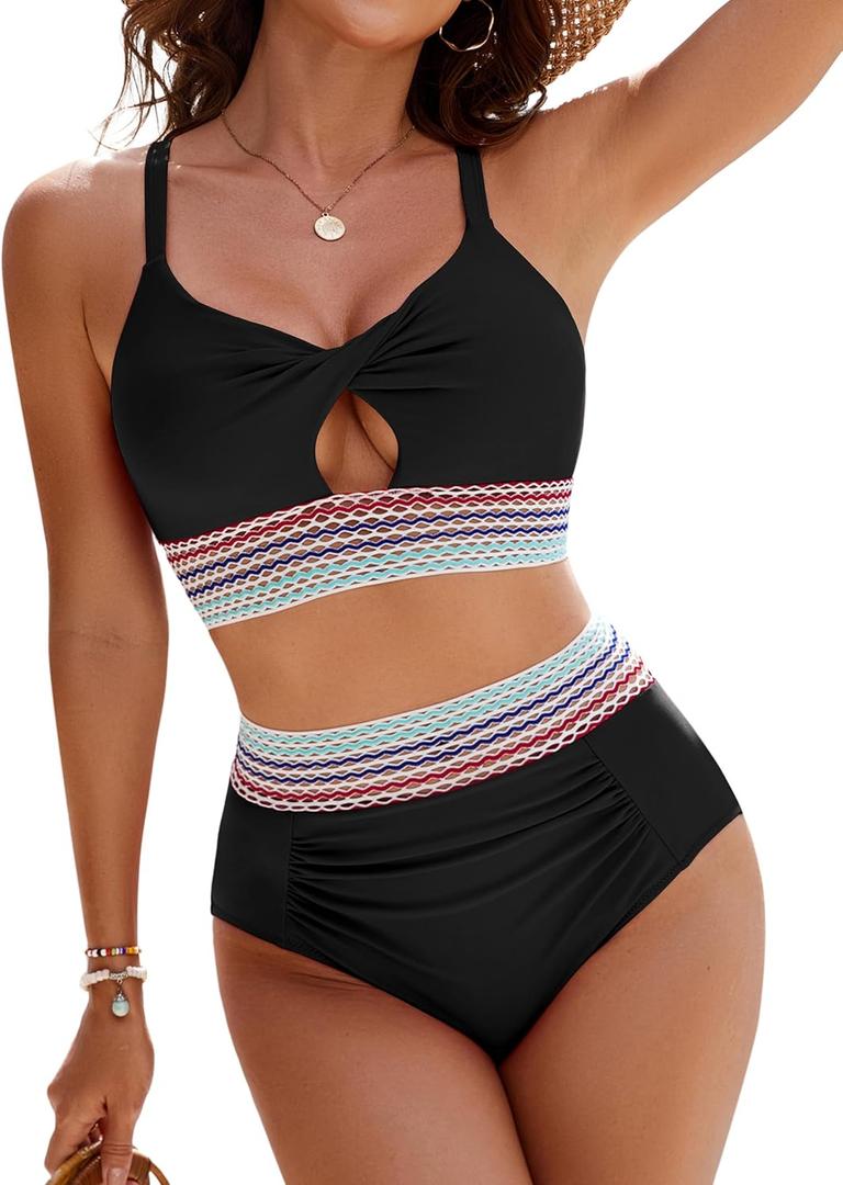Blooming Jelly Womens High Waisted Bikini Sets Tummy Control Bathing Suit Color Block Swimsuits Twist Two Piece Swim Suits (Small, Black)