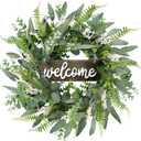 Sggvecsy Green Artificial Eucalyptus Wreath with Welcome Sign 20in Mixed White Berries Spring Summer Wreath for Front Door Wall Window Farmhouse Festival Porch Patio Garden Decor