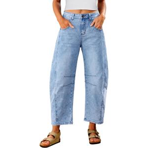 Utyful Barrel Jeans Women Cropped Baggy Trendy High Waisted Distressed Loose Stretch Denim Trouser Jeans with Pockets (Blue, XL)