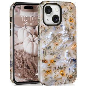 Mainrenka Halloween Skull Cases for iPhone 15, Cute Kawaii Aesthetic Trendy Stylish Floral Ghost Phone Cover Protective Shockproof Phone Case