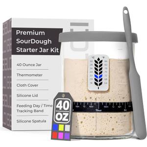 Premium Sourdough Starter Jar - 40oz Large Sourdough Jar with Marked Feeding Band, Scraper, Cloth Cover and Silicone Lid/Base, Wide Mouth Starter Kit - Grey