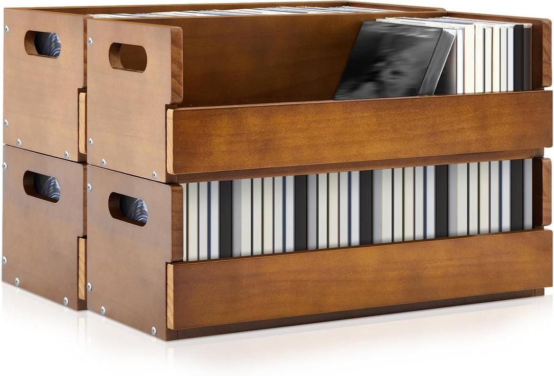 CroBlissful 4 Set Wooden CD Storage Box Holder Shelf Cassette Tape Display Racks with Carrying Handles, Organizer Shelf for Movie Cases, DVDs, Each Set Can Store up to 36 Pcs CDs (Brown)