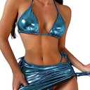 ZGMYC Women's 3 Piece Shiny Metallic Swimsuit Sexy Triangle Bikini Tie Side Thong Festival Outfit with Drawstring Mini Skirt, XS